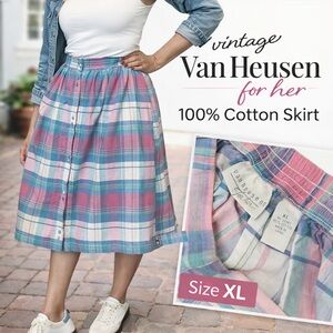 Vintage Van Heusen for Her Pastel Plaid Skirt - Cotton, XL, High-Waist, Pockets
